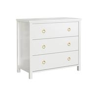 Commode Blanche Moderne 3 Tiroirs - Poignées Anneau Dorées, Pieds Stables, Sécurité Anti-Bascule - Idéale pour Chambre, Salon, Entrée - Design Élégant et Gain de Place