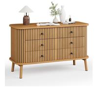 Commode Boho 6 Tiroirs - Buffet Effet Bambou Bois Naturel et Poignées Noires - 97 x 40 x 65 cm