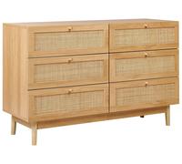 Commode Boho en Bois 6 Tiroirs Panneau de Particules Façade en Rotin Bois Clair