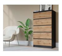 3E 3xE living.com Commode avec 5 tiroirs Noir/Chêne wotan, L : 70 cm, H : 125 cm P : 39 cm