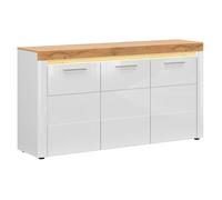 Commode Buffet à 3 portes avec éclairage LED coloris Chêne doré/Blanc haute brillance - Longueur 170 x Profondeur 42 x Hauteur 90