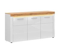 Commode Buffet à 3 portes avec éclairage LED coloris Chêne doré/Blanc haute brillance - Longueur 170 x Profondeur 42 x Hauteur 90 cm - -