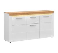 Commode Buffet à 3 portes et 1 tiroir avec éclairage LED coloris Chêne doré/Blanc haute brillance