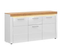 Commode Buffet à 3 portes et 1 tiroir avec éclairage LED coloris Chêne doré/Blanc haute brillance - Longueur 170 x Profondeur 42 x Hauteur 90 cm - -