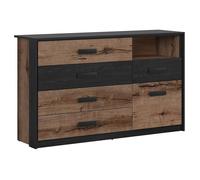 Commode Buffet avec 1 porte et 5 tiroirs coloris Chêne marron foncé/Chêne noir - Longueur 150 x Profondeur 41 x Hauteur 90 cm