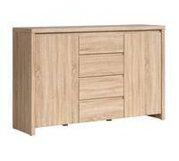 Commode buffet meuble de rangement à 2 portes et 4 tiroirs, coloris chêne Sonoma - Longueur 143,5 x Profondeur 40,5 x Hauteur 92 cm