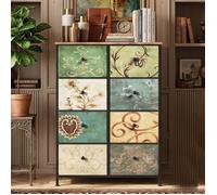 Commode Cabinet 67 5x30x100cm 8 Tiroirs en Tissu Fleuri Style Vintage Tour de Rangement Grand Espace pour Salon Chambre Métal