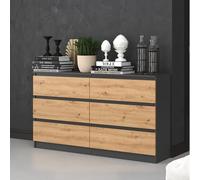 Commode 140 cm - 6 Tiroirs - Meuble de Rangement Chambre - Dimensions 138x40x75 cm - Design Moderne et Élégant - Chêne et Gris