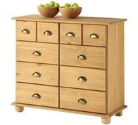 Commode chambre COLMAR L 92 cm 8 tiroirs en bois massif brun chiffonnier apothicaire rangement avec poignées en métal Finition cirée/coloris antique G