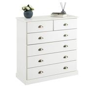 Commode chambre PARIS L 91 cm en bois massif lasuré blanc avec 6 tiroirs avec poignées coquille en métal style campagne