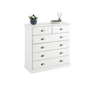 IDIMEX Commode Chambre Paris L 91 cm en Bois Massif Blanc avec 6 tiroirs, Meuble de Rangement Adulte lasuré avec poignées Coquille en métal Style Maison de Campagne