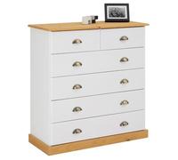Commode chambre PARIS L 91 cm en bois massif lasuré blanc et brun avec 6 tiroirs avec poignées coquille en métal