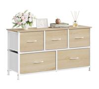 Commode Chambre WOLTU - Meuble 5 Tiroirs en Tissu - Bois d'Ingénierie et Métal - Chêne Clair+Blanc W0ITT5024