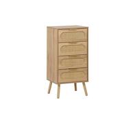 | Commode chiffonnier effet bois et cannage 4 tiroirs naturel poignée en métal doré - L 48 x P 395 x H 96 cm - Eva