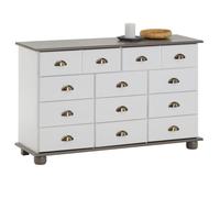 Commode COLMAR chiffonnier apothicaire rangement avec 11 tiroirs en pin massif lasuré blanc et taupe