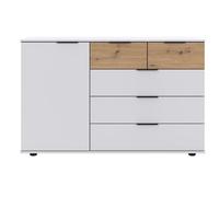 Commode combinée, meuble de rangement coloris blanc, rechampis imitation bois - Longueur 130 x Hauteur 83 x Profondeur 41 cm