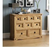 Commode Corona de style marchand en pin massif avec 9 tiroirs, finition cirée