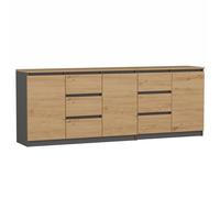 CDF Commode 200cm Chêne Artisan Anthracite 3 Portes 6 Tiroirs sans Poignées Meuble de Rangement Salon Chambre Bureau Entrée Couloir Grand Espace Design Moderne Rails Rouleaux Panneau Particules 16mm