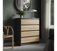 Commode de 76 cm de large avec 4 tiroirs - En bois de chêne artisanal anthracite - Commode étroite avec tiroirs - Buffet haut - Pour chambre à coucher, salon, couloir, bureau - Largeur : 76 cm