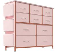 Commode de chambre avec 10 Tiroirs en Tissu, Commode de Rangement Cadre en Acier Dessus en Bois 99*30*100cm - Rose