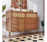 Commode de Chambre - Finition Noyer - 6 Tiroirs - Poignées Dorées - Angles Arrondis Sécurisés