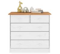 Commode de chambre RONDO meuble de rangement avec 5 tiroirs, en pin massif lasuré blanc et brun