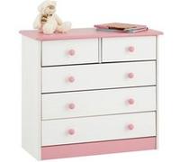 Commode de chambre RONDO meuble de rangement avec 5 tiroirs, en pin massif lasuré blanc et rose Blanc/Rose G