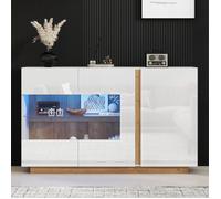 Commode de panneau latéral haute brillance, panneau de particules blanc avec verre, base en bois, commode armoire de couloir 138 *