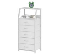 Commode de Rangement en Tissu Blanc pour Chambre à Coucher, Tour Verticale avec tiroirs, Organisateur Enfants, Cadre Acier et Table Nuit Bois Blanc 5-Layer
