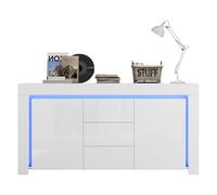 Commode De Salon (140 X 40 X 65 cm), avec 3 Tiroirs Et 2 Portes, Étagères Réglables, avec Éclairage LED Intégré, pour Entrées, Salons Et Bureaux, Blanc