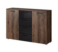 Commode design 2 portes et 4 tiroirs 130cm. Collection FLOYD coloris chêne foncé et noir brillant L132 x H93 x P38 Marron
