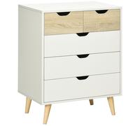 Commode Design Scandinave 5 Tiroirs Coulissants Piètement Bois Effilé Incliné Panneaux Blanc Aspect Bois Clair Blanc