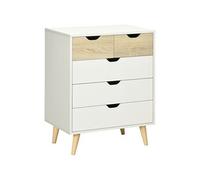 Commode design scandinave 5 tiroirs coulissants piètement bois effilé incliné panneaux blanc aspect bois clair Blanc G