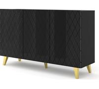Commode DIUNA 3D 145 cm sur pieds NOIR MAT / NOIR BRILLANT 3 portes Sideboard Highboard Armoire Buffet