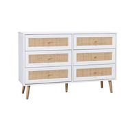 Commode effet bois et cannage 6 tiroirs Bohème. blanc - 120x39x79cm