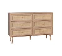 Commode effet bois et cannage 6 tiroirs Bohème. couleur naturelle - 120x39x79cm