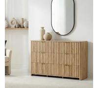 Commode ELLA avec 6 tiroirs, finition chêne - Commode à tiroirs aspect lamelles, buffet avec espace de rangement, buffet aspect bois naturel et poignées en métal doré, design scandinave