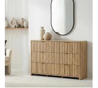 Commode ELLA L 100 cm avec 6 Tiroirs en Bois Coloris Chêne, Poignées Plates en Métal Doré, Design Strié Contemporain