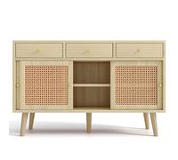 Commode en chêne avec rotin naturel sur les portes, buffet avec 3 tiroirs et 3 portes coulissantes, armoire avec séparation intérieure flexible et poignées en métal doré, pour une ambiance rétro ou