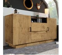 Commode en chêne clair - 2 tiroirs et 2 armoires - Compartiment ouvert central - Verre ESG teinté brun - Poignées noires