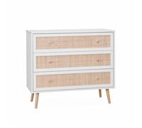 sweeek | Commode en décor bois blanc et cannage 90x39x79cm - Bohème - 3 tiroirs Blanc cassé G