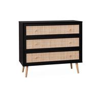 Commode en décor bois noir et cannage 90x39x79cm - Bohème - 3 tiroirs