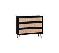 | Commode en décor bois noir et cannage 90x39x79cm - Bohème - 3 tiroirs