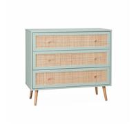 Commode en décor bois vert céladon et cannage 90x39x79cm - Bohème - 3 tiroirs