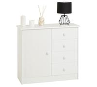 Commode en pin massif blanc RONDO buffet meuble de rangement avec 4 tiroirs et une porte