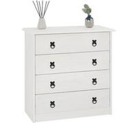 Commode en pin RESIDENCIA 4 grands tiroirs buffet bahut vaisselier en bois style mexicain, lasuré blanc Blanc G