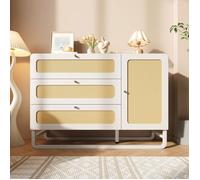 Commode en rotin avec 3 tiroirs et 1 porte 120 x 40 x 85 cm Buffet salon avec poignées dorées et étagères réglables en hauteur Banc