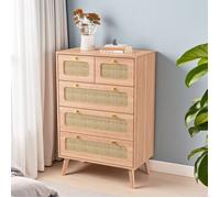 Commode en Rotin avec 5 Tiroirs, Chiffonnier Buffet pour Chambre, Salon, Bureau, Commode Chambre Cannage, Armoire à tiroirs, Natural