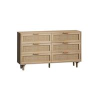 Commode en rotin avec 6 tiroirs pour chambre et salon, meuble de rangement en panneau de particules de haute qualité, 130x40x75 cm, Naturel