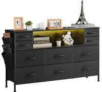 Commode en tissu VEVOR avec 10 tiroirs, lampes LED et prises de courant intégrées, tour de rangement pour les armoires de couloir de la chambre à coucher, noir